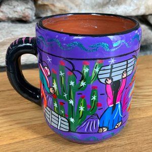 VTG Isidoro Mexican Folk Art Hand-painted Pottery Mug Mexico Purple